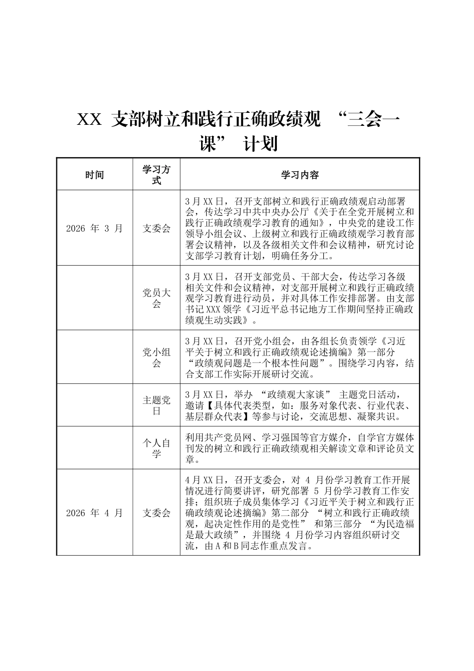 （表格）XX 支部树立和践行正确政绩观 “三会一课” 计划.docx_第1页
