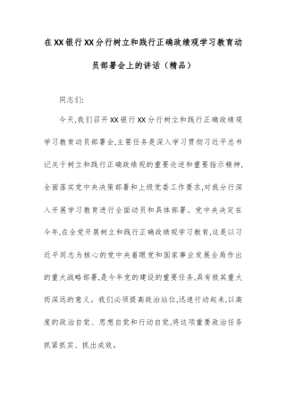 在XX银行XX分行树立和践行正确政绩观学习教育动员部署会上的讲话.docx