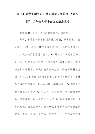 市 XX 局党委副书记、常务副局长在巡察 “回头看” 工作动员部署会上的表态发言.docx