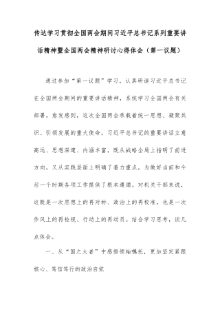 传达学习贯彻全国两会期间总书记系列重要讲话精神暨全国两会精神研讨心得体会（第一议题）.docx