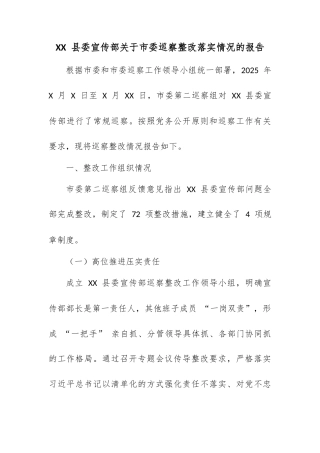 XX 县委宣传部关于市委巡察整改落实情况的报告.docx