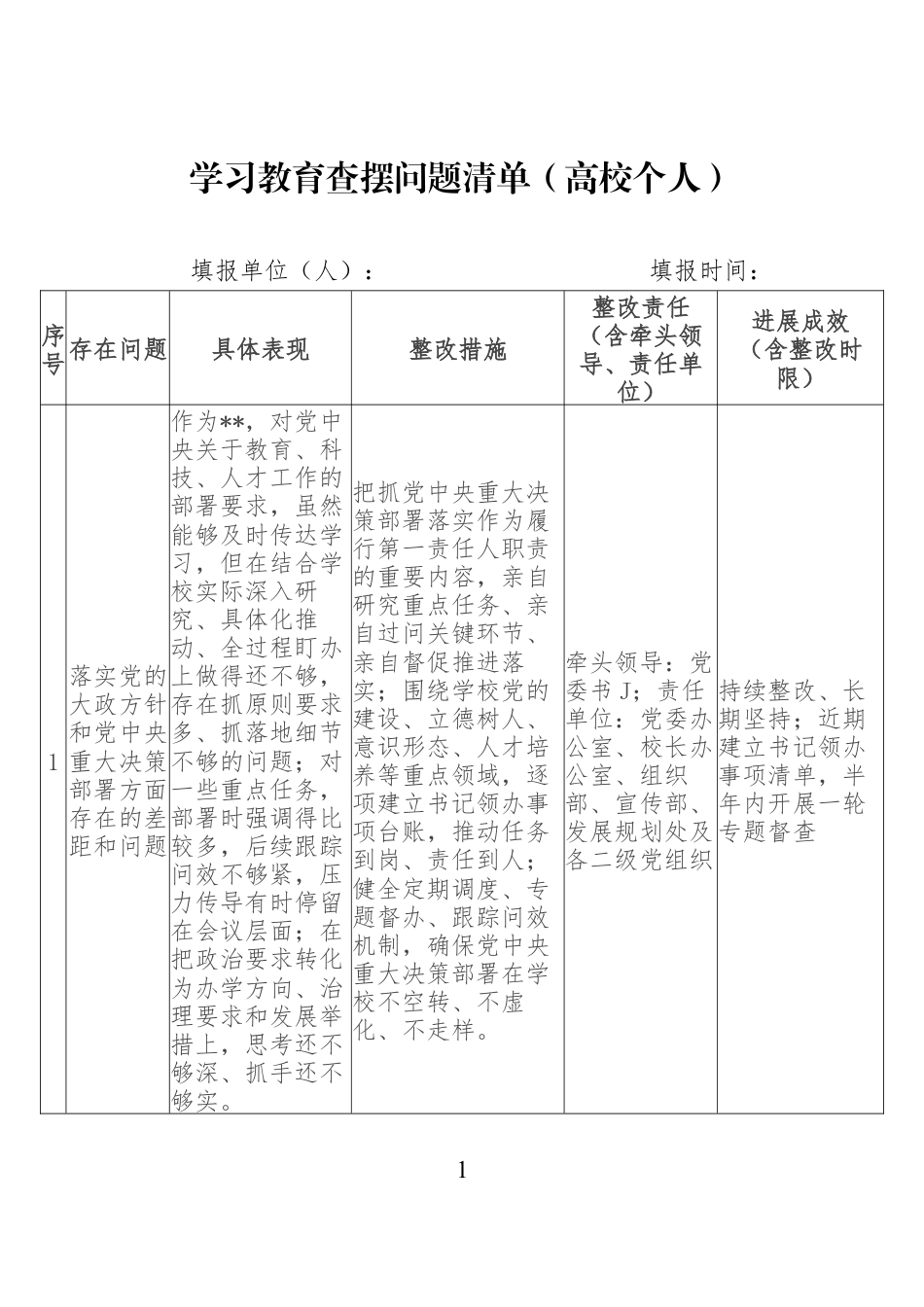 2026政绩观学习教育查摆问题清单（高校个人）.docx_第1页