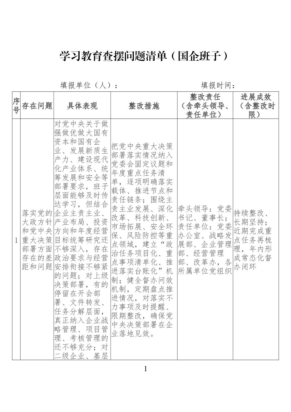 2026政绩观学习教育查摆问题清单（国企班子）.docx_第1页