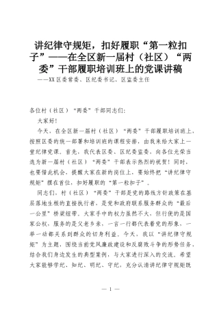 讲纪律守规矩，扣好履职“第一粒扣子”——在全区新一届村（社区）“两委”干部履职培训班上的党课讲稿.docx
