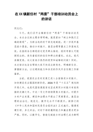 在XX镇新任村“两委”干部培训动员会上的讲话.docx