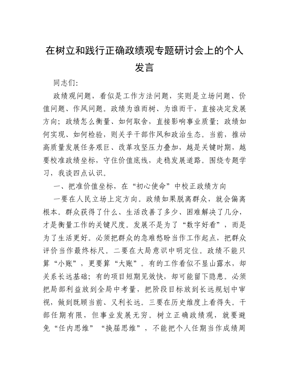 在树立和践行正确政绩观专题研讨会上的个人发言.docx_第1页