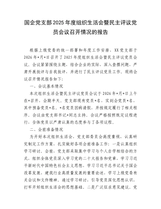 国企党支部2025年度组织生活会暨民主评议党员会议召开情况的报告.docx