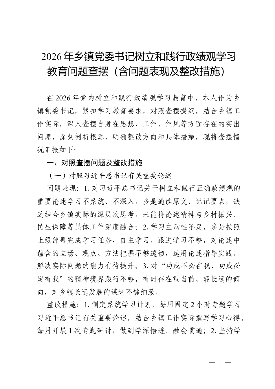 2026年乡镇党委书记树立和践行政绩观学习教育问题查摆（含问题表现及整改措施）.docx_第1页