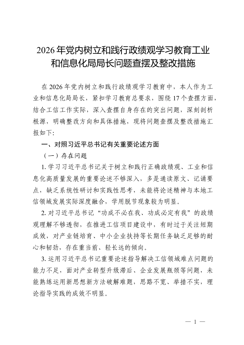 2026年党内树立和践行政绩观学习教育工业和信息化局局长问题查摆及整改措施.docx_第1页