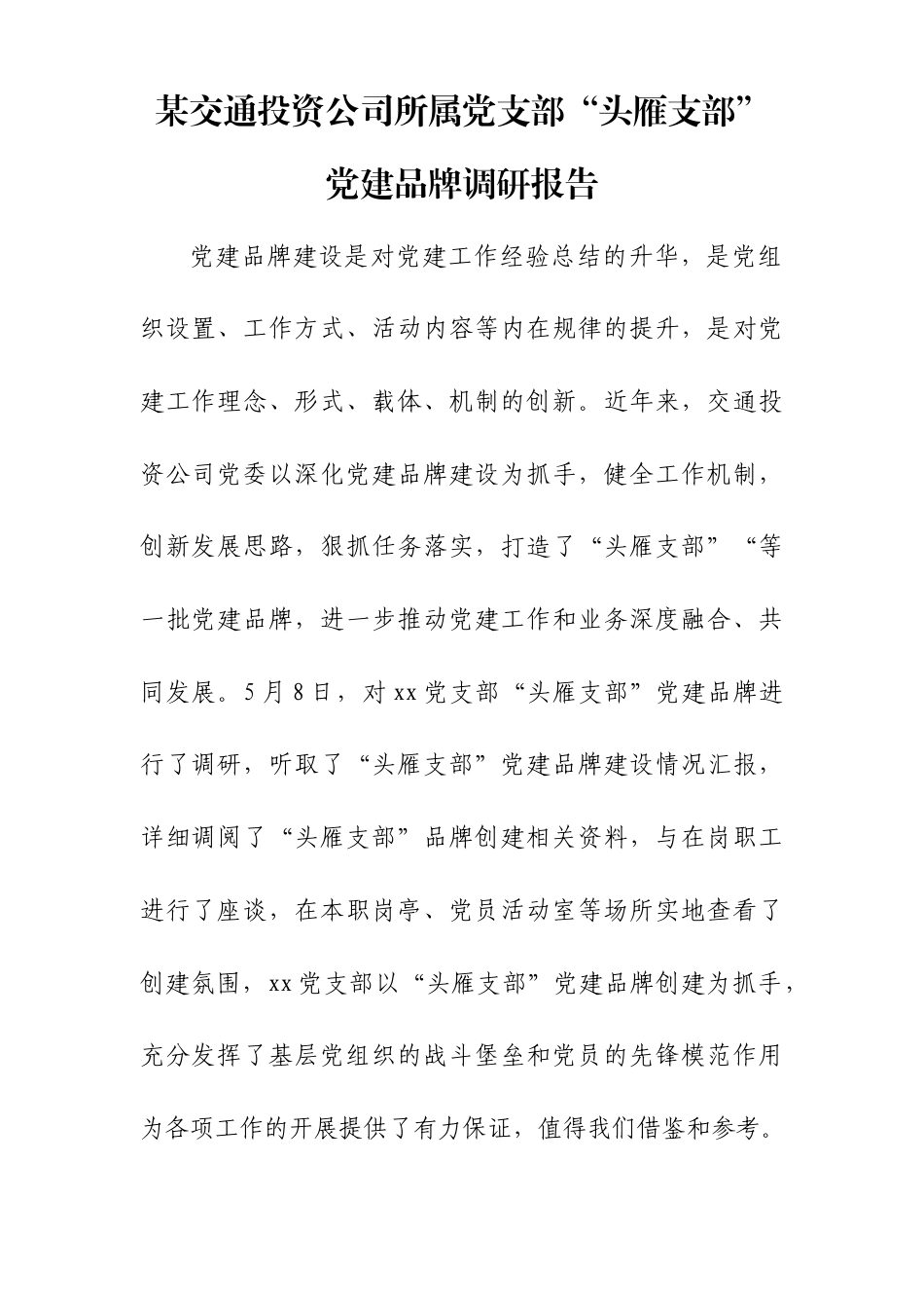 某交通投资公司所属党支部“头雁支部”党建品牌调研报告.doc_第1页