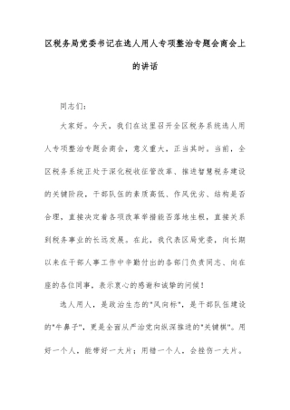 区税务局党委书记在选人用人专项整治专题会商会上的讲话.docx