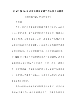 在 XX 镇 2026 年新兴领域党建工作会议上的讲话.docx