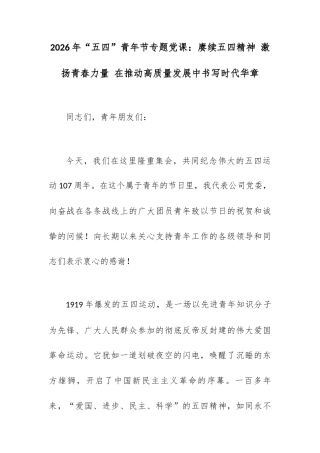 2026年“五四”青年节专题党课：赓续五四精神 激扬青春力量 在推动高质量发展中书写时代华章.docx