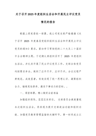 关于召开 2025 年度组织生活会和开展民主评议党员情况的报告.docx
