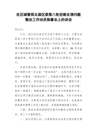 在区城管局五届区委第八轮巡察反馈问题整改工作动员部署会上的讲话.docx