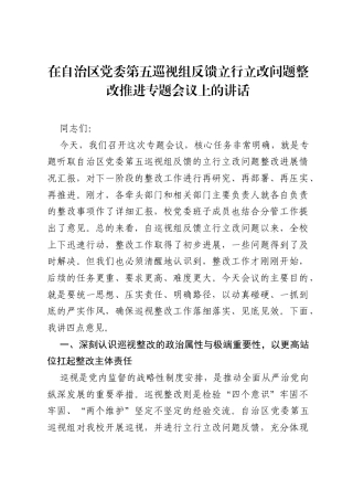 在自治区党委第五巡视组反馈立行立改问题整改推进专题会议上的讲话.docx