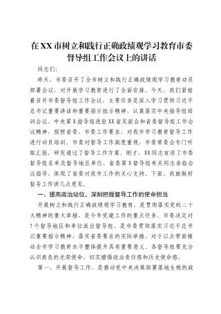在XX市树立和践行正确ZJG学习教育市委督导组工作会议上的讲话.docx