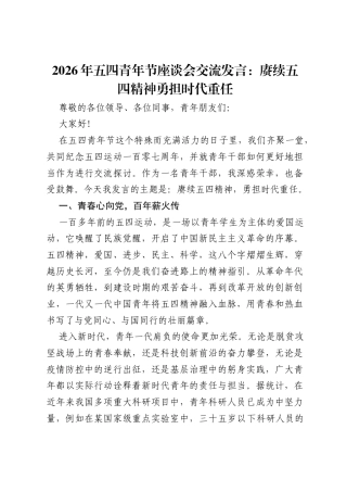 2026年五四青年节座谈会交流发言：赓续五四精神 勇担时代重任.docx