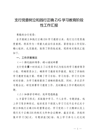 支行党委树立和践行正确ZJG学习教育阶段性工作汇报.docx