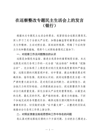 在巡察整改专题民主生活会上的发言（银行）.docx