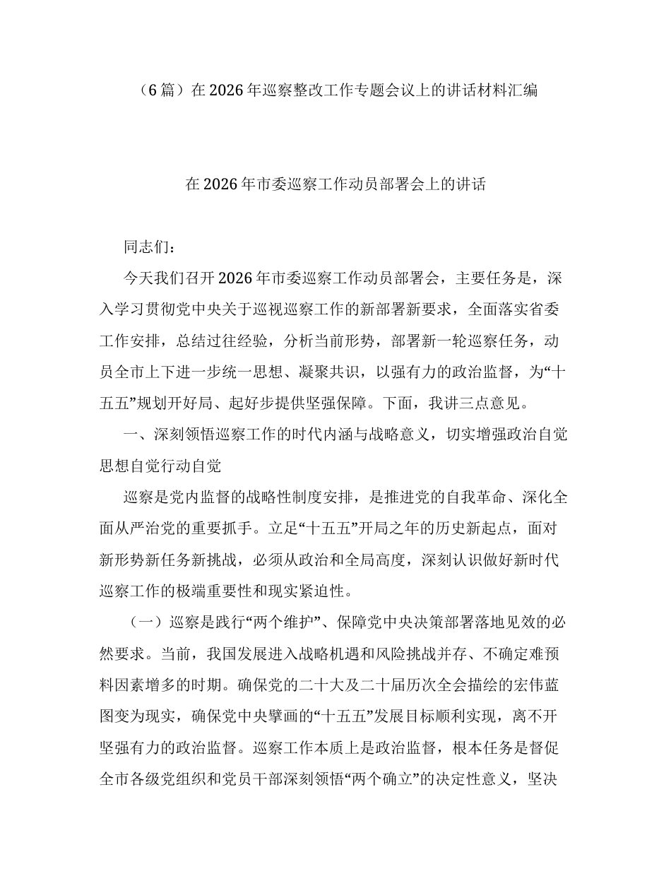 汇编：在2026年巡察整改工作专题会议上的讲话6篇.docx_第1页