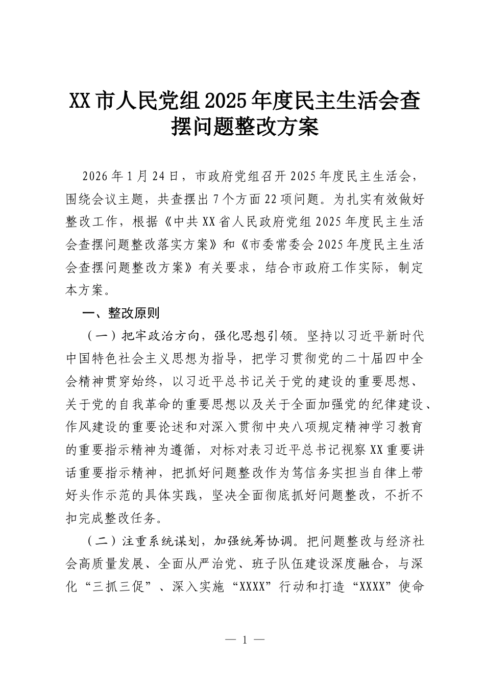 XX市人民党组2025年度民主生活会查摆问题整改方案.docx_第1页