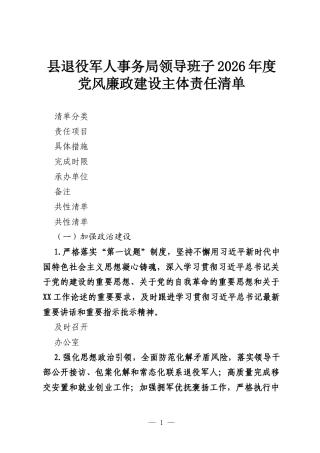 县退役军人事务局领导班子2026年度党风廉政建设主体责任清单.docx
