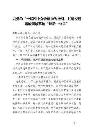 研讨发言：以党的二十届四中全会精神为指引，打通交通运输领域落地“最后一公里”.docx