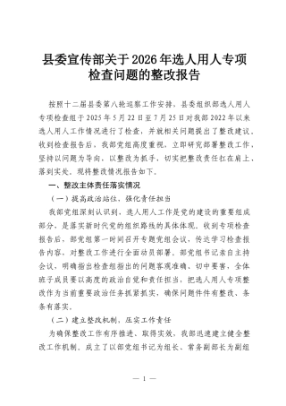 县委宣传部关于2026年选人用人专项检查问题的整改报告.docx