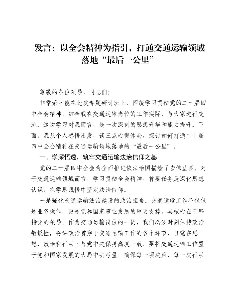 发言：以全会精神为指引，打通交通运输领域落地最后一公里.docx_第1页