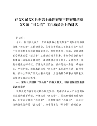 在XX届XX县委第七轮巡察第三巡察组巡察XX镇 回头看 工作动员会上的讲话.docx