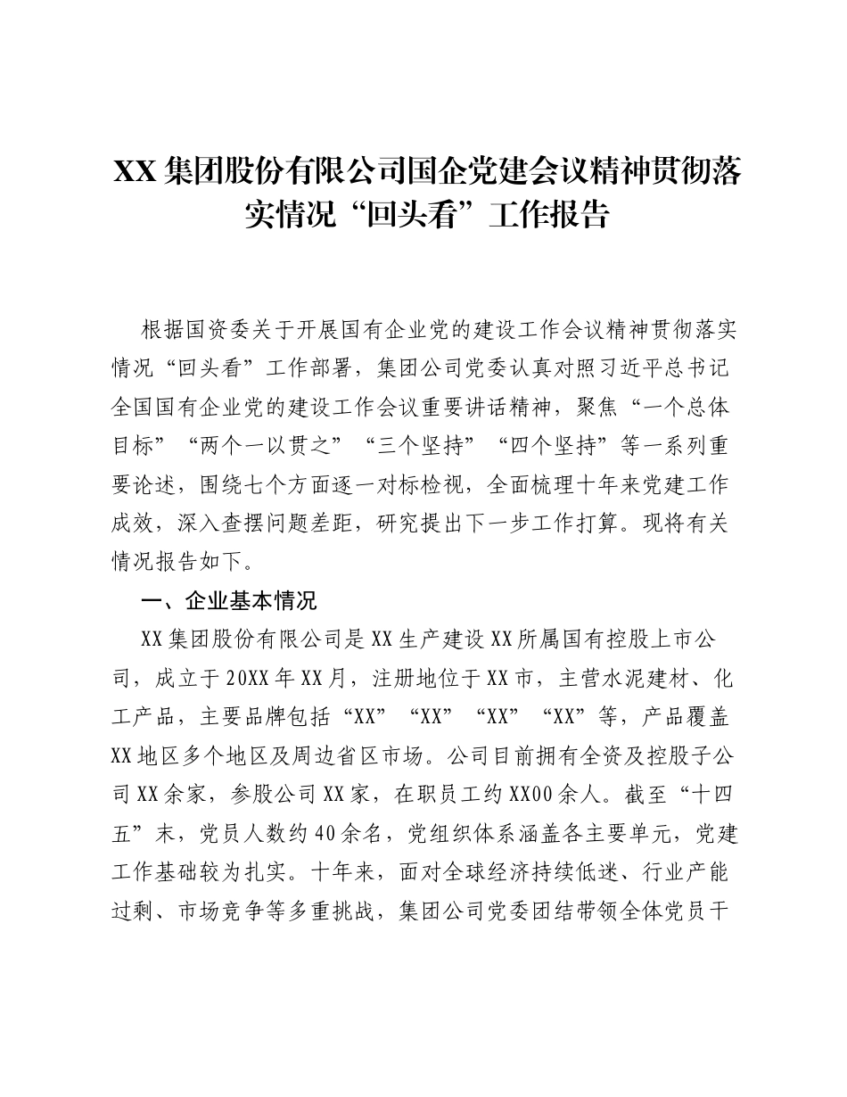XX集团股份有限公司国企党建会议精神贯彻落实情况 回头看 工作报告.docx_第1页