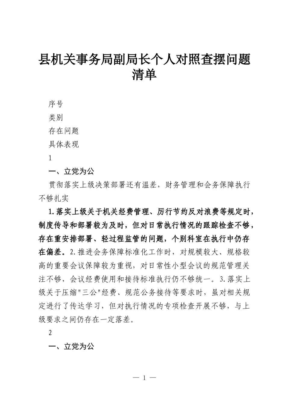 县机关事务局副局长个人政绩观学习教育对照查摆问题清单.docx_第1页