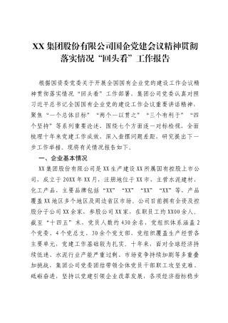 XX集团股份有限公司国企党建会议精神贯彻落实情况回头看工作报告.docx