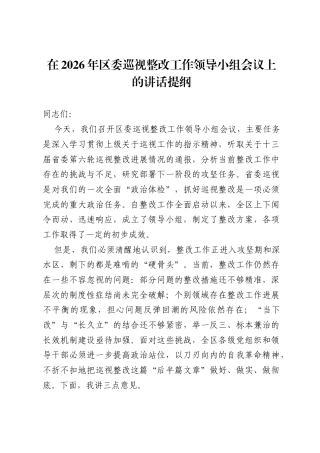 在2026年区委巡视整改工作领导小组会议上的讲话提纲.docx