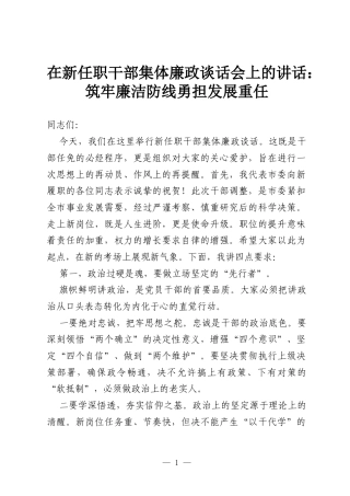 在新任职干部集体廉政谈话会上的讲话：筑牢廉洁防线 勇担发展重任.docx