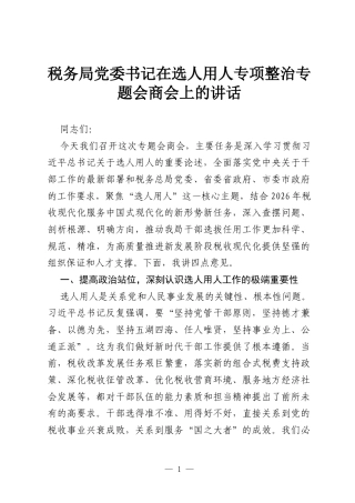 税务局党委书记在选人用人专项整治专题会商会上的讲话.docx