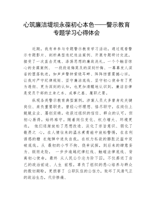 心筑廉洁堤坝永葆初心本色——警示教育专题学习心得体会.docx