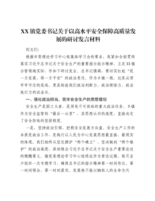 XX镇党委书记关于以高水平安全保障高质量发展的研讨发言材料.docx
