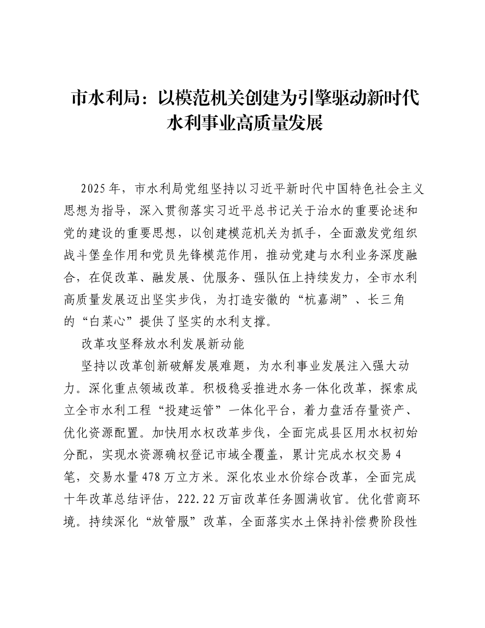 市水利局：以模范机关创建为引擎 驱动新时代水利事业高质量发展.docx_第1页