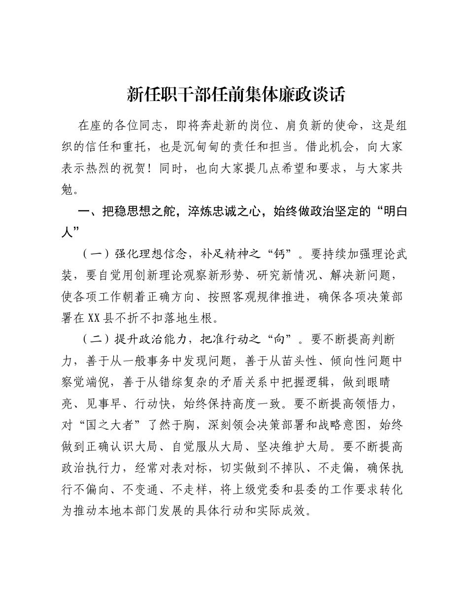 新任职干部任前集体廉政谈话.docx_第1页