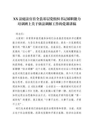 XX法庭法官在全县基层党组织书记履职能力培训班上关于依法调解工作的党课讲稿.docx