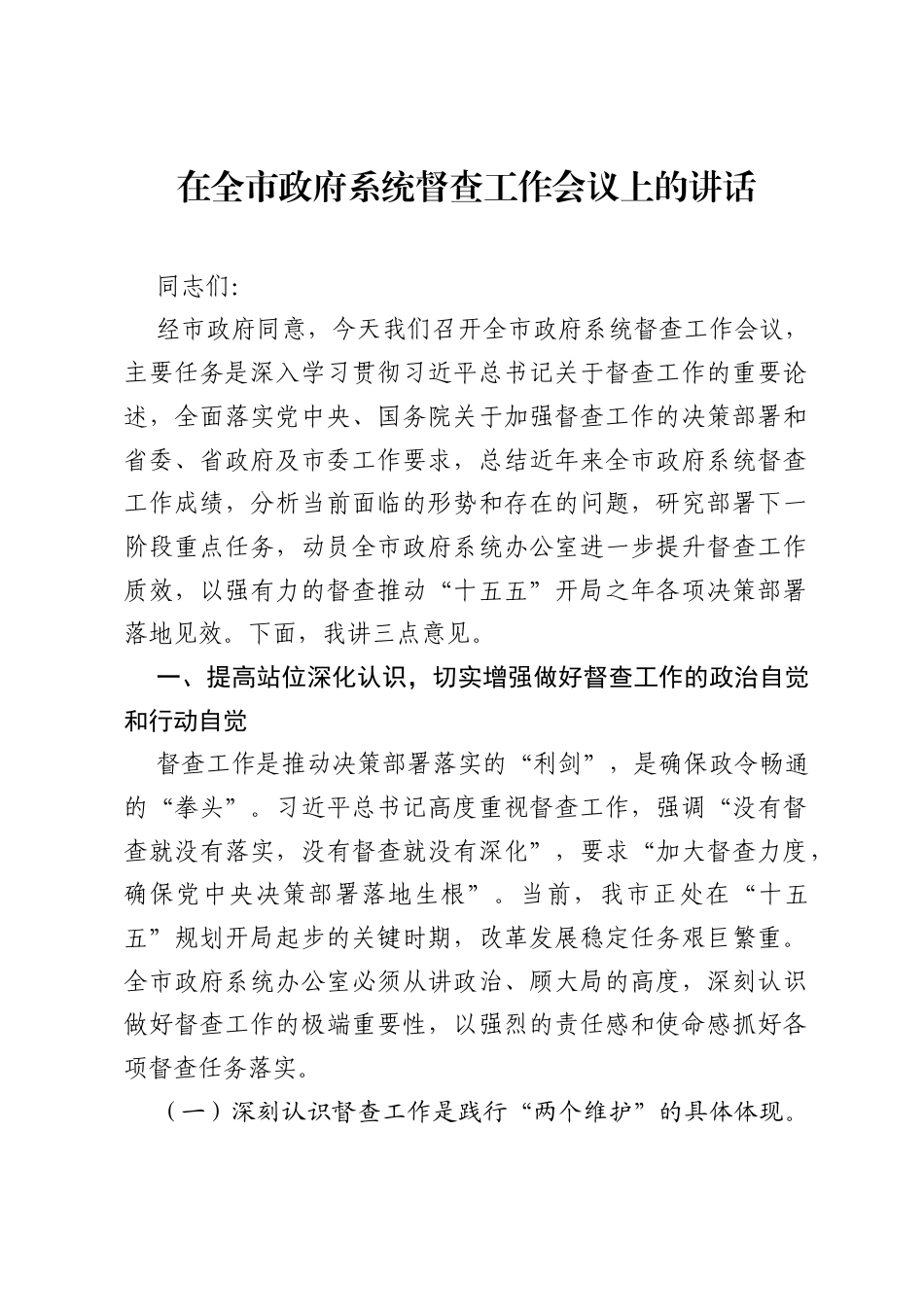 在全市政府系统督查工作会议上的讲话.docx_第1页