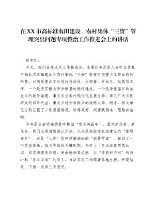 在XX市高标准农田建设、农村集体三资管理突出问题专项整治工作推进会上的讲话.docx