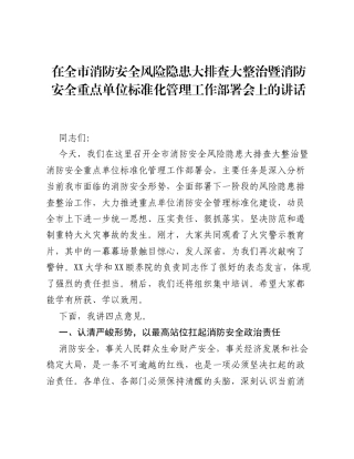 在全市消防安全风险隐患大排查大整治暨消防安全重点单位标准化管理工作部署会上的讲话.docx