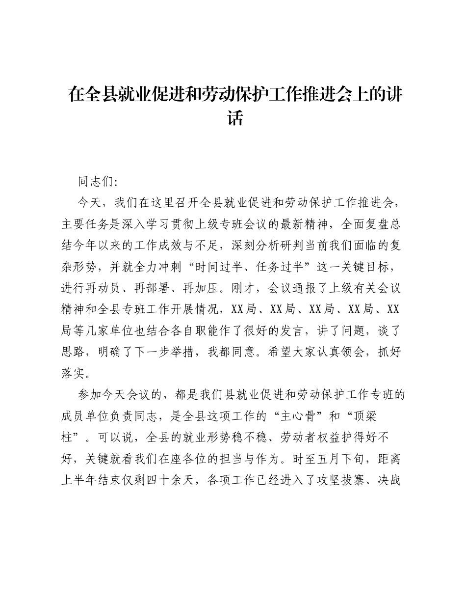在全县就业促进和劳动保护工作推进会上的讲话.docx_第1页