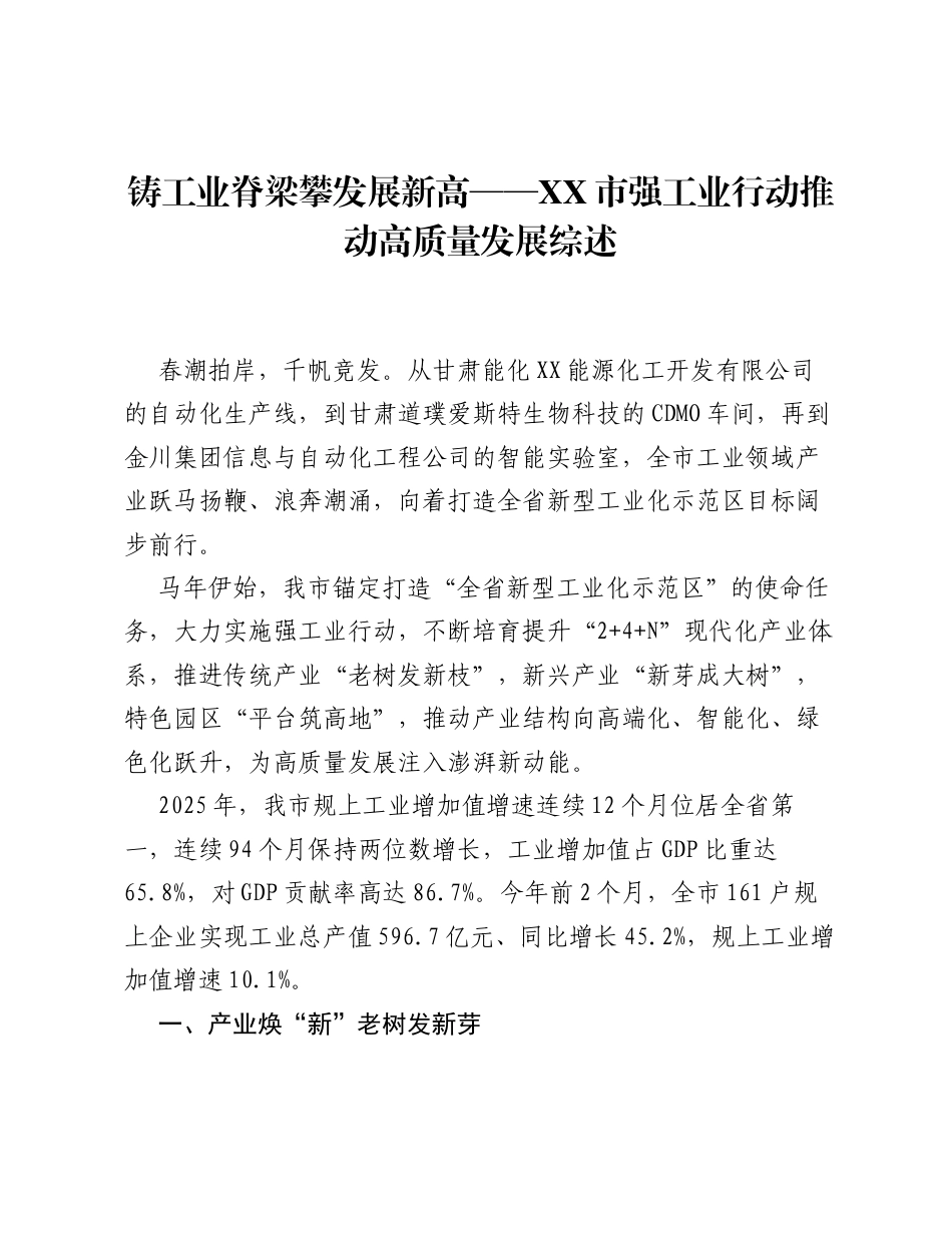 铸工业脊梁攀发展新高——XX市强工业行动推动高质量发展综述.docx_第1页
