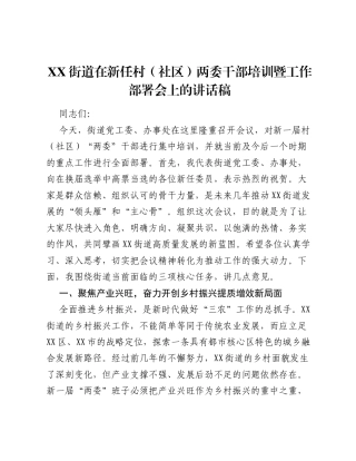XX街道在新任村（社区）两委干部培训暨工作部署会上的讲话稿.docx
