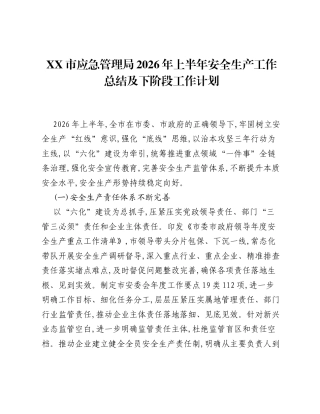 XX市应急管理局2026年上半年安全生产工作总结及下阶段工作计划.docx