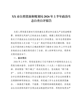 XX市自然资源和规划局2026年上半年政治生态自查自评报告.docx
